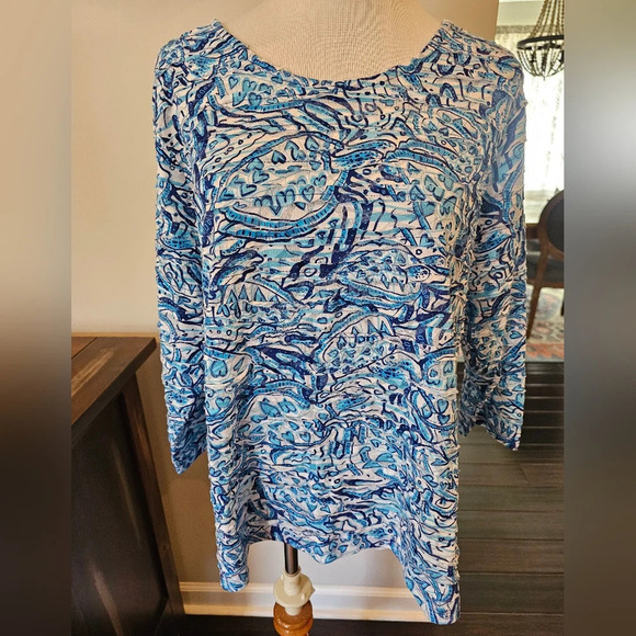 Patchington Tops - Patchington Top Size Large Resortwear Blue Hearts Art To Wear Wearable Art